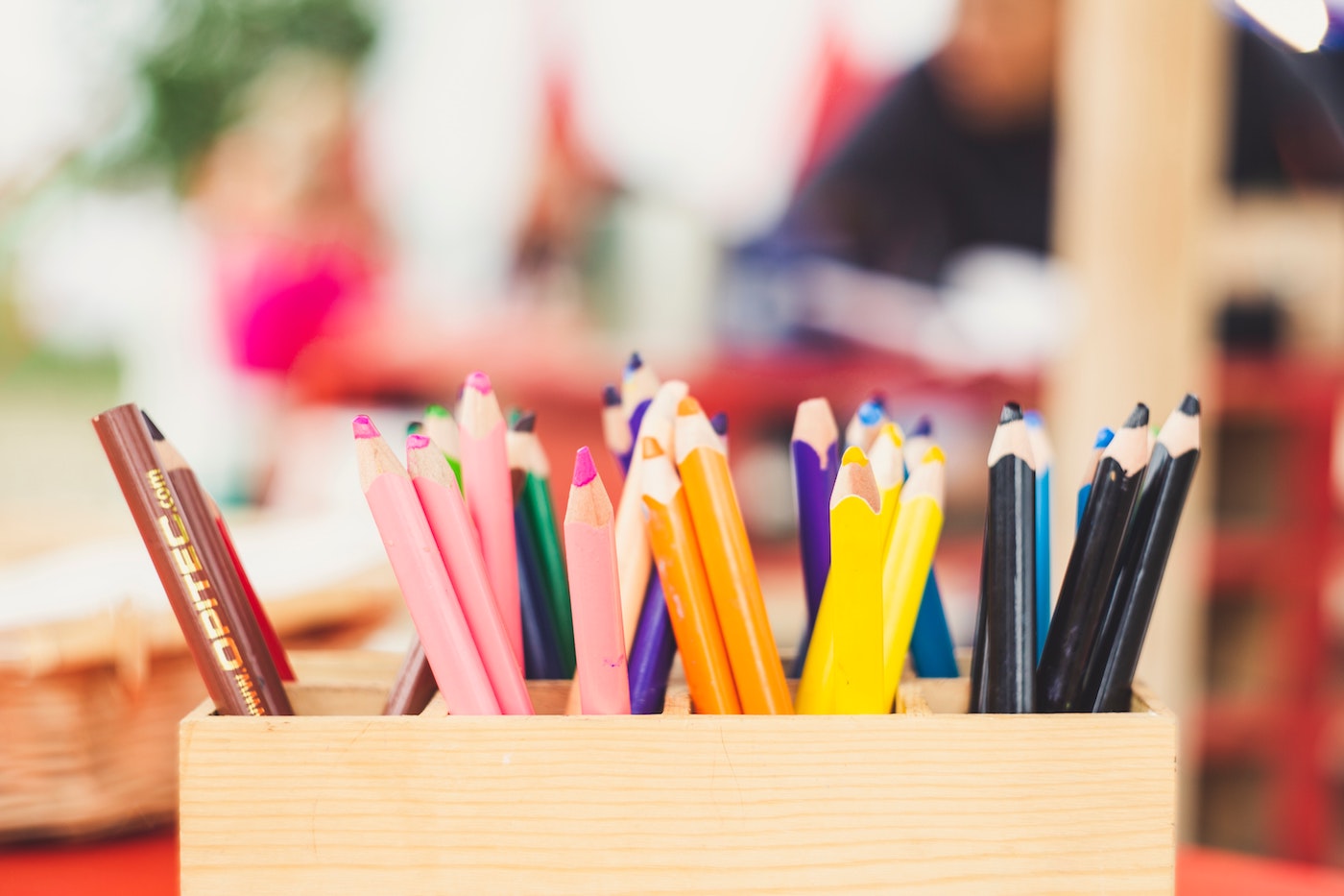 Desk with colored pencils